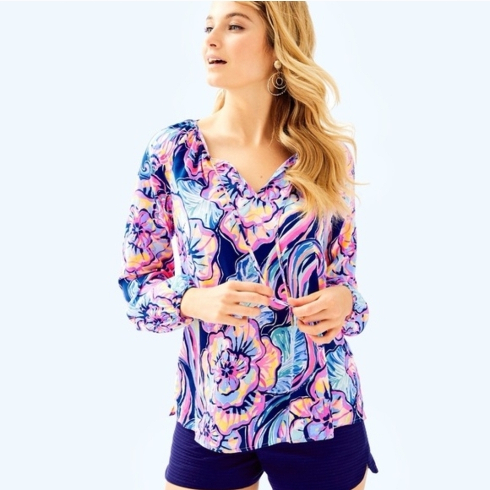 Lilly Pulitzer Willa Tunic Blouse in Nauti Navy Boho Bateau Bateau Rayon XS
